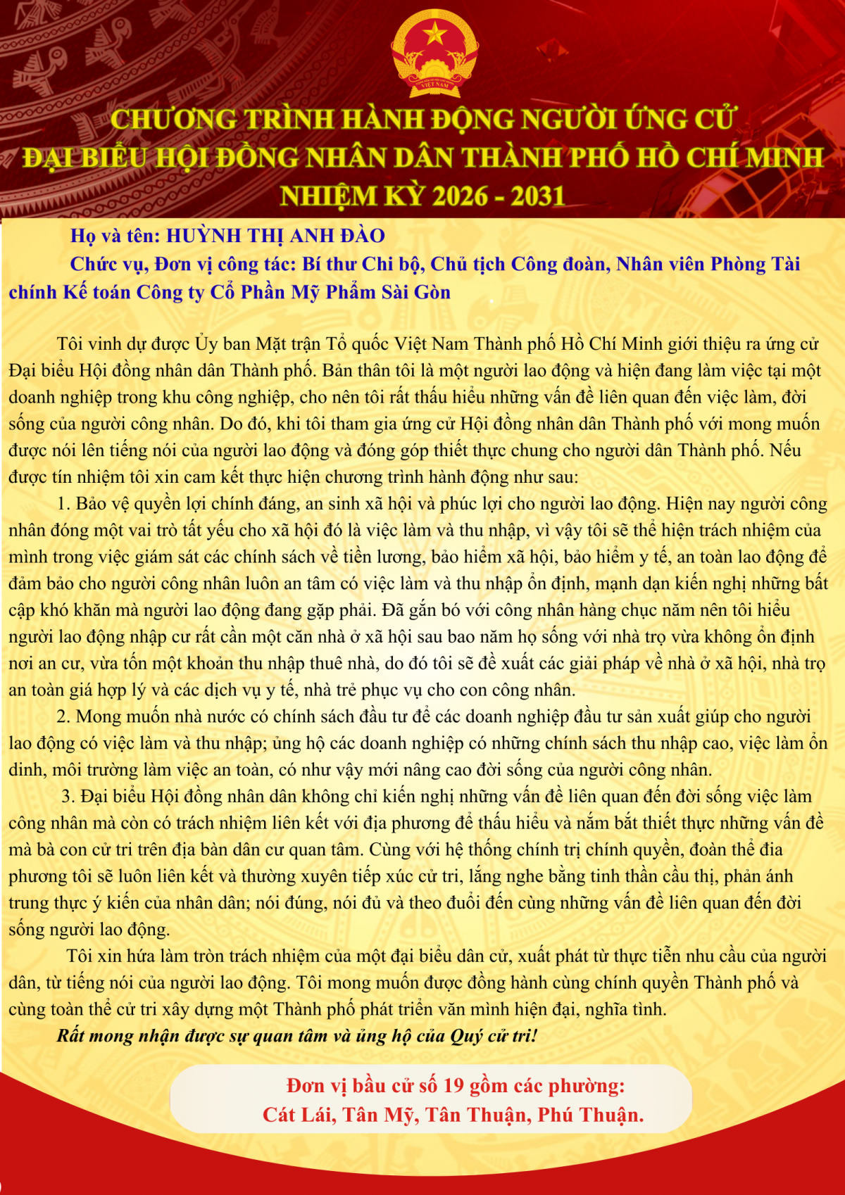 Bà Huỳnh Thị Anh Đào ứng cử Đại biểu Hội đồng Nhân dân TP HCM nhiệm kỳ 2026 - 2031
