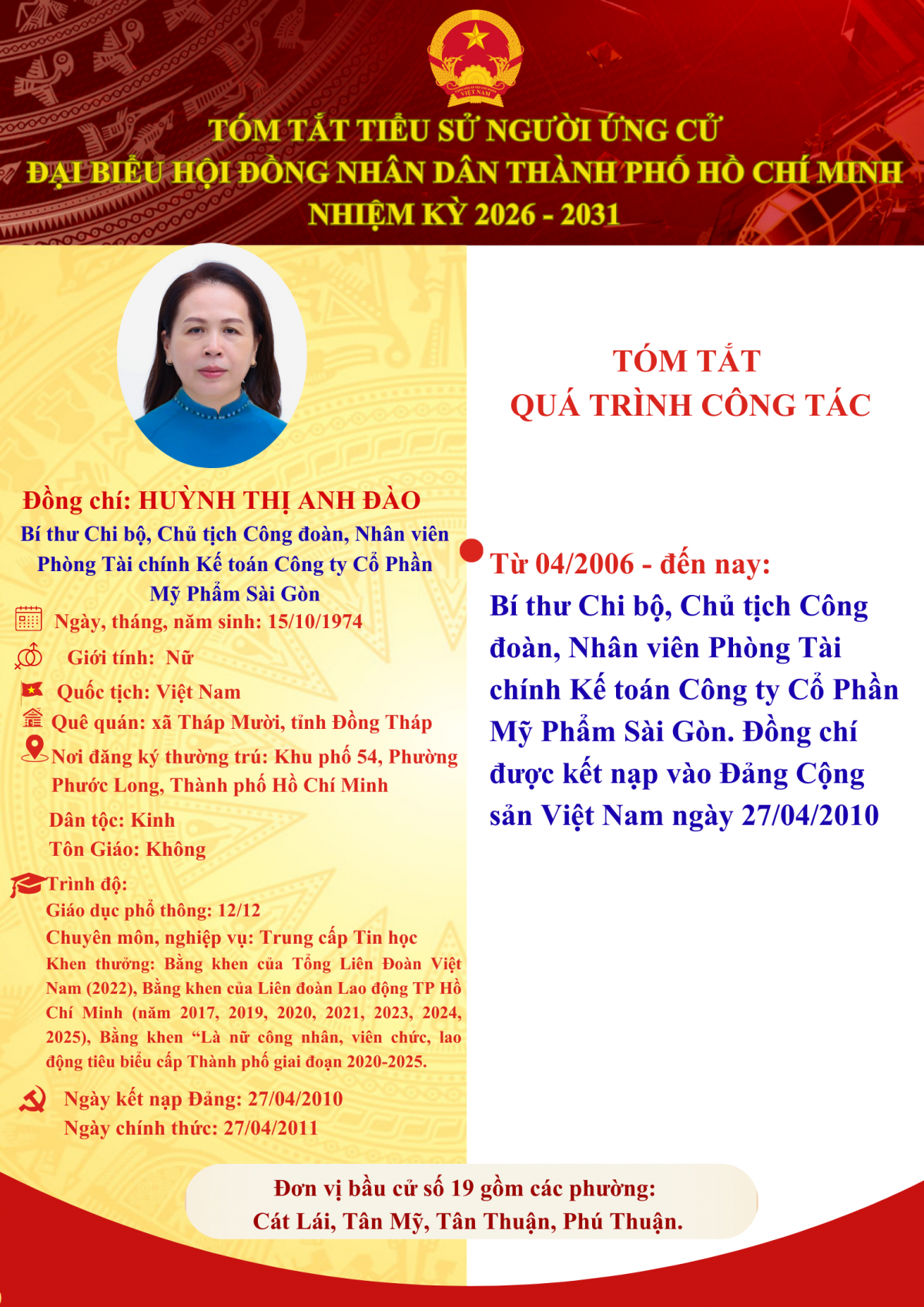 Bà Huỳnh Thị Anh Đào ứng cử Đại biểu Hội đồng Nhân dân TP HCM nhiệm kỳ 2026 - 2031