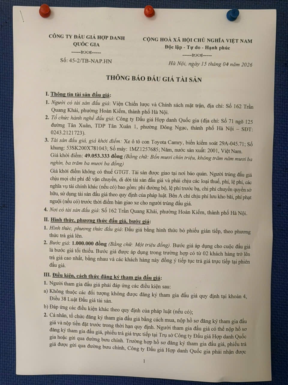 Thông báo đấu giá xe ô tô Toyota Camry, khởi điểm hơn 49 triệu đồng