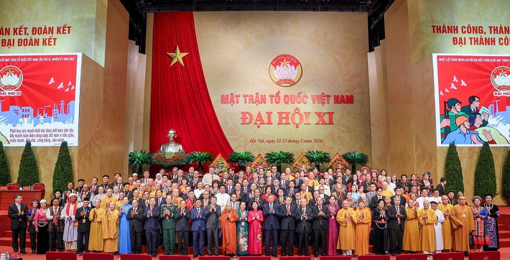 Tổng Bí thư, Chủ tịch nước Tô Lâm và lãnh đạo Đảng, Nhà nước chụp cùng các đại biểu dự Đại hội MTTQ Việt Nam lần XI, nhiệm kỳ 2026 – 2031. Ảnh: Tuấn Minh