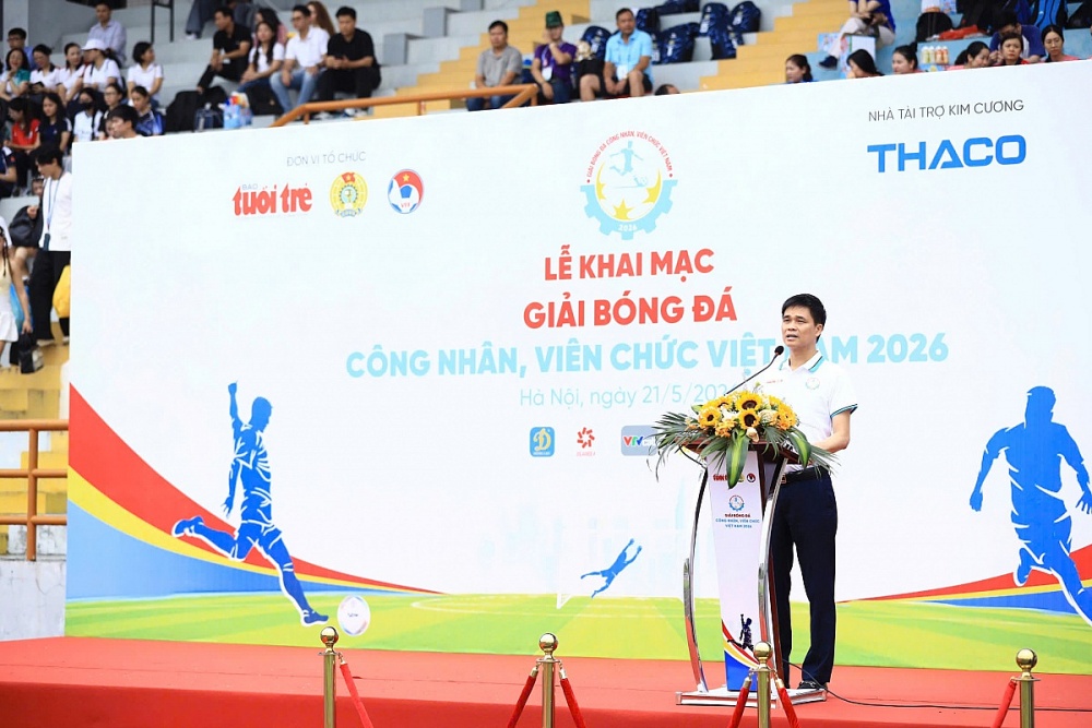  Đồng chí Ngọ Duy Hiểu khẳng định Giải bóng đá công nhân, viên chức Việt Nam 2026 là sân chơi rèn luyện sức khỏe, tăng cuờng ý chí, đoàn kết công đoàn viên, người lao động cả nước. Ảnh: Nam Trần
