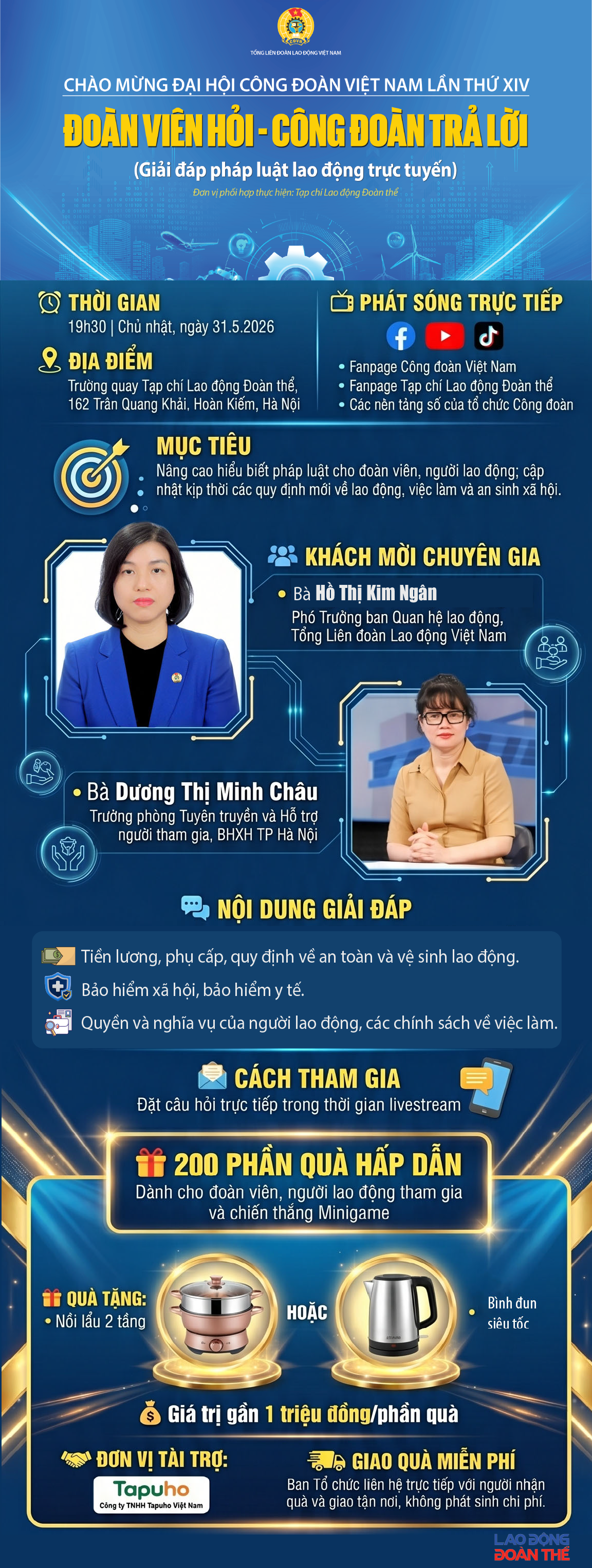 Chương trình Giải đáp pháp luật lao động trực tuyến "Đoàn viên hỏi - Công đoàn trả lời"