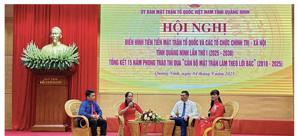 Chị Nguyễn Thị Huế (thứ 2 từ trái sang) chia sẻ kinh nghiệm tại Hội nghị điển hình tiên tiến MTTQ và các tổ chức chính trị - xã hội tỉnh Quảng Ninh lần thứ I. Ảnh: NVCC. Chị Nguyễn Thị Huế (thứ 2 từ trái sang) chia sẻ kinh nghiệm tại Hội nghị điển hình tiên tiến MTTQ và các tổ chức chính trị - xã hội tỉnh Quảng Ninh lần thứ I. Ảnh: NVCC.