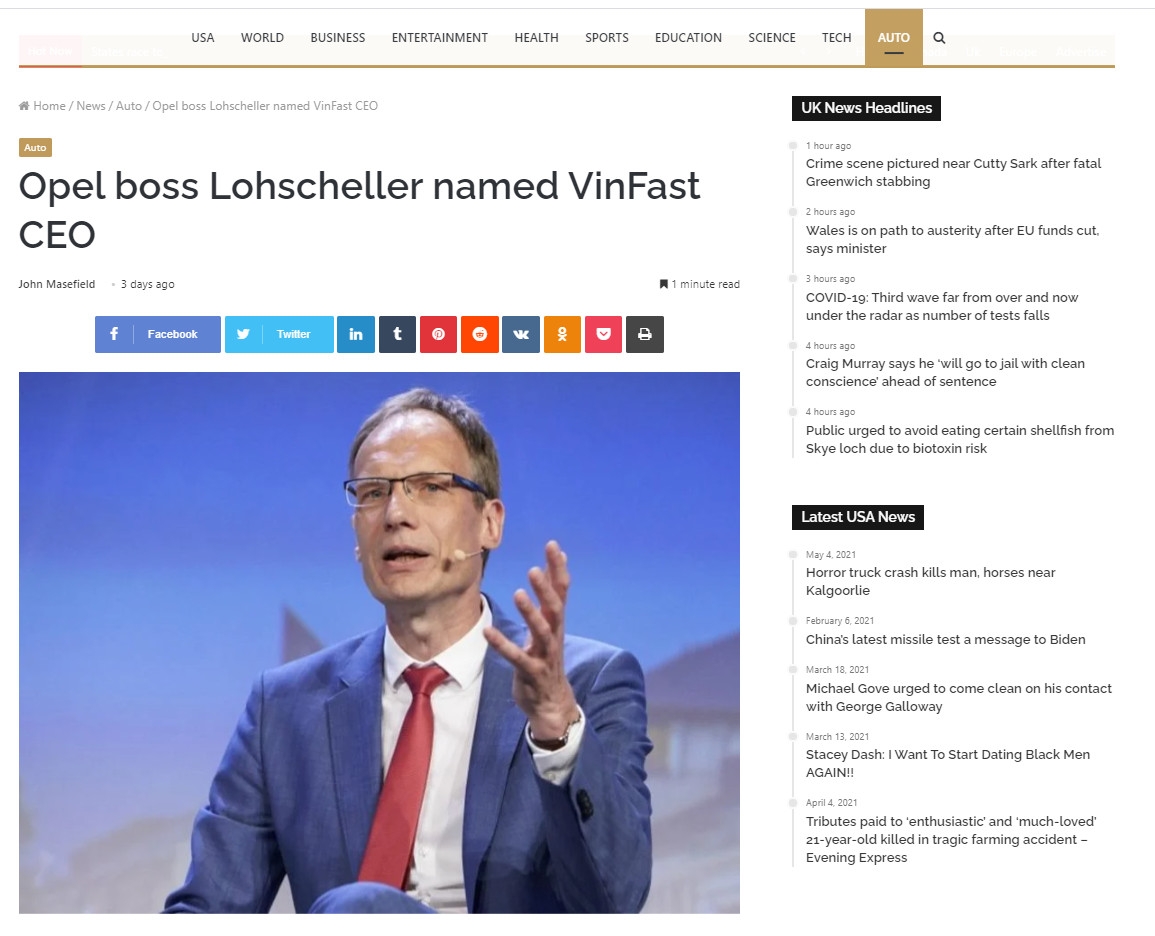 Báo chí quốc tế đưa tin về tân Tổng giám đốc VinFast toàn cầu