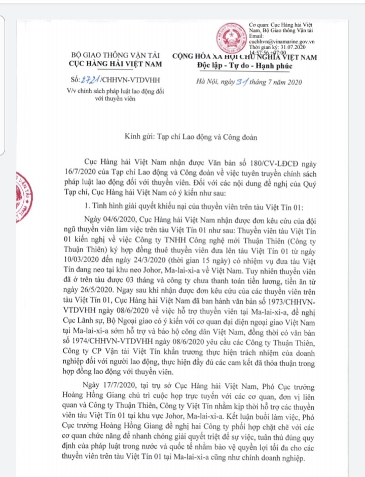 Công ty Thuận Thiên có báo cáo Cục Hàng hải về thuyền viên tàu Việt Tín 01 mắc kẹt? cong ty thuan thien khong bao cao cuc hang hai ve thuyen vien tau viet tin 01 mac ket