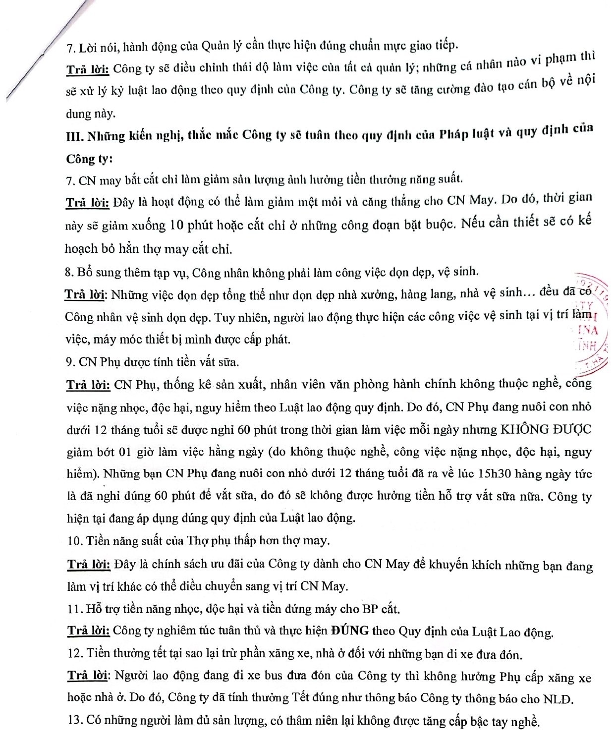 Công ty TNHH Haivina Hồng Lĩnh trả lời kiến nghị của người lao động Công ty TNHH Haivina Hồng Lĩnh trả lời kiến nghị của người lao động