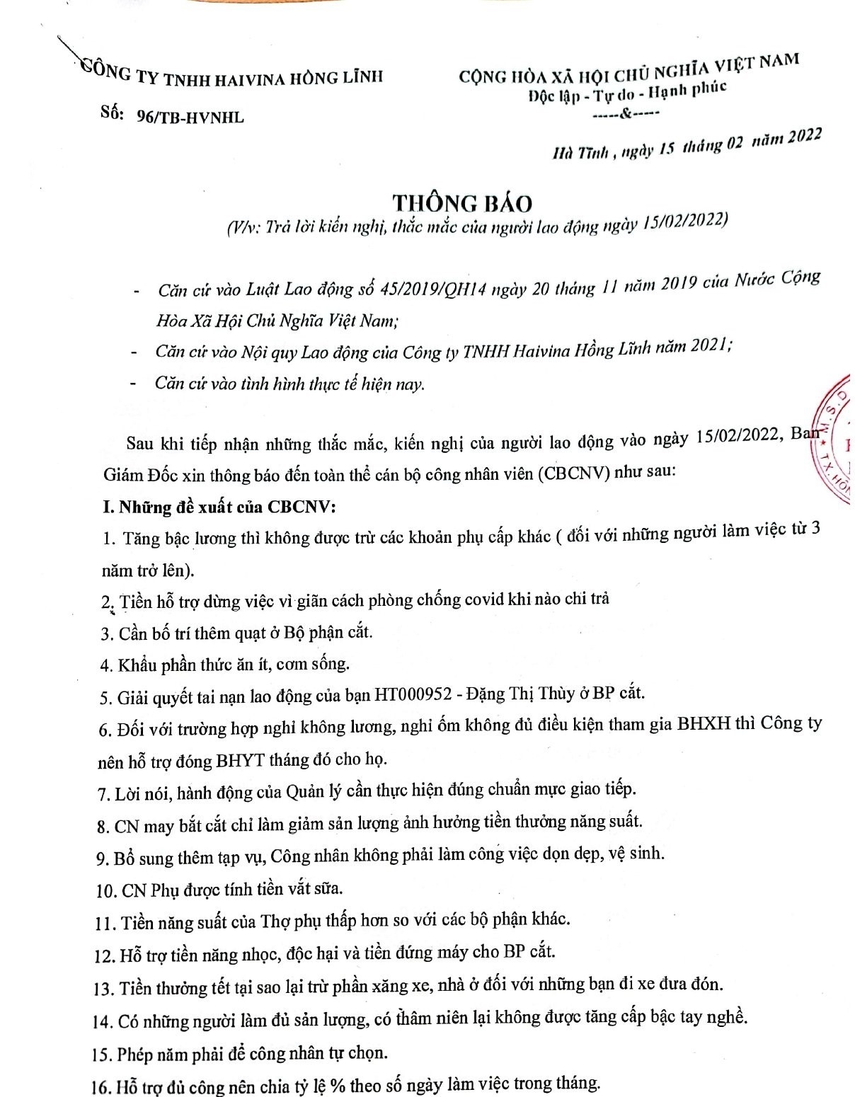 Hà Tĩnh: 500 công nhân ngừng việc đã được giải đáp các kiến nghị và đi làm trở lại Hà Tĩnh: 500 công nhân ngừng việc đã được giải đáp các kiến nghị và đi làm trở lại