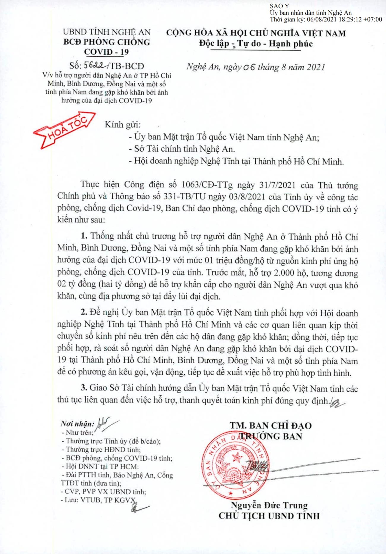 Hỗ trợ khẩn cấp cho người dân Nghệ An sống ở vùng dịch phía Nam