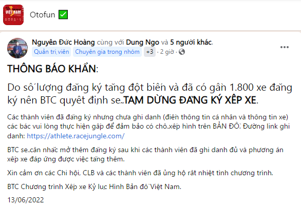 Tạm dừng nhận đăng ký Xếp xe kỷ lục hình bản đồ Việt Nam