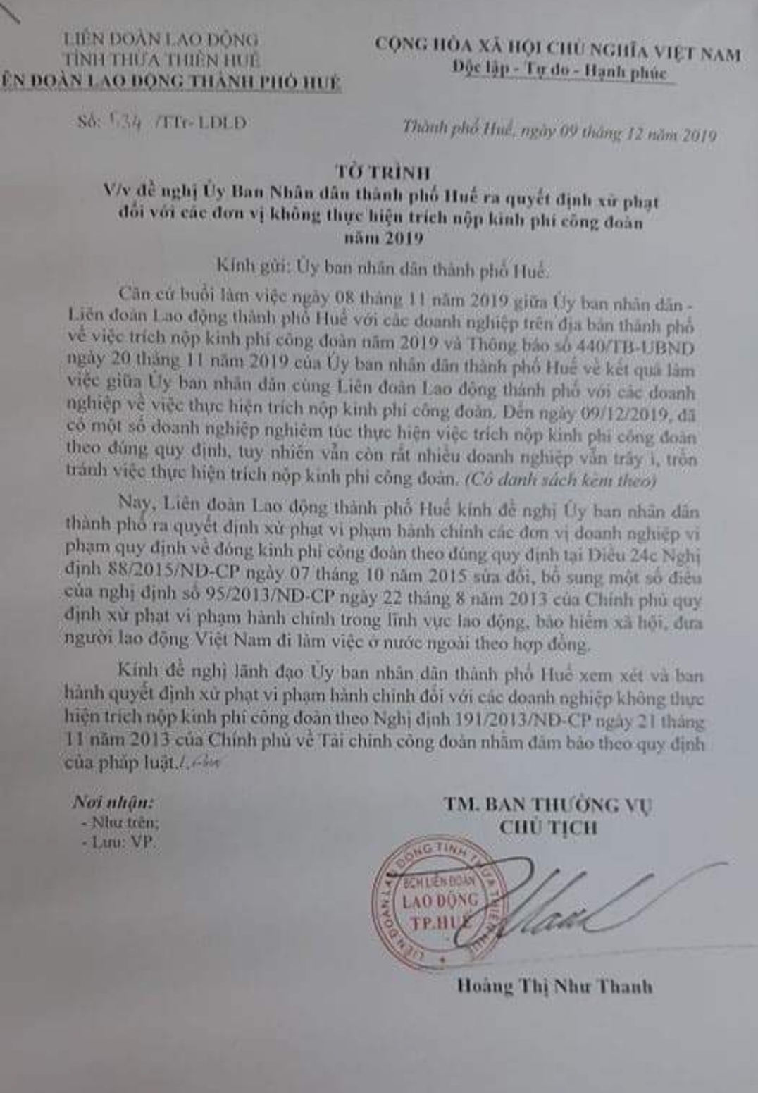 Đề nghị UBND TP Huế xử phạt đối với các doanh nghiệp nợ kinh phí Công đoàn de nghi ubnd tp hue xu phat doi voi cac doanh nghiep no kinh phi cong doan
