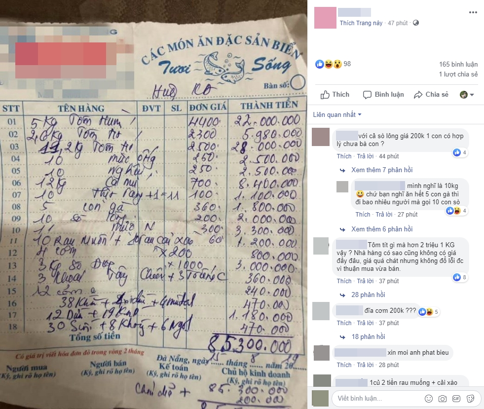 Xót xa vì bữa hải sản 85 triệu đồng, thực khách lên mạng "bóc phốt" và cái kết bất ngờ xot xa vi bua hai san 85 trieu dong thuc khach len mang boc phot va cai ket bat ngo