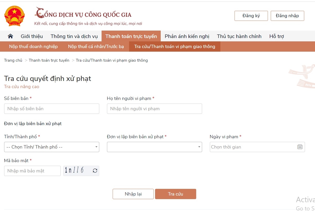huong dan cac buoc nop phat vi pham giao thong tai nha