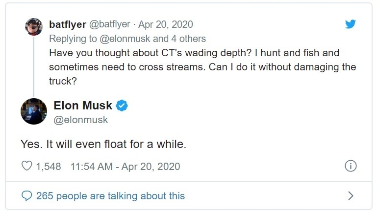 CEO của Tesla khẳng định: Bán tải điện Cybertruck có thể nổi trên nước ceo cua tesla khang dinh ban tai dien cybertruck co the noi tren nuoc