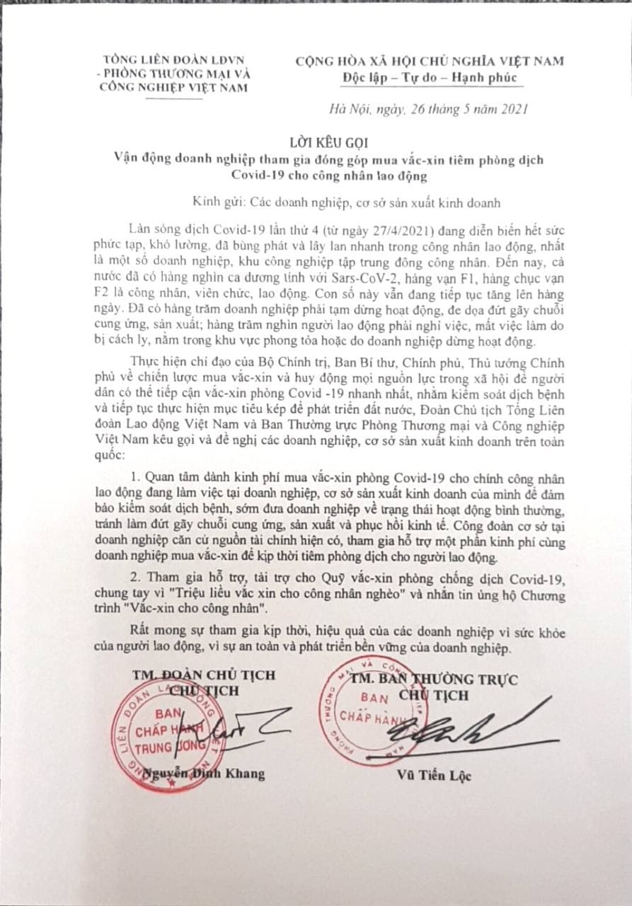 Vận động doanh nghiệp mua vắc xin để tiêm phòng dịch Covid-19 cho công nhân lao động Vận động doanh nghiệp mua vắc xin để tiêm phòng dịch Covid-19 cho công nhân lao động