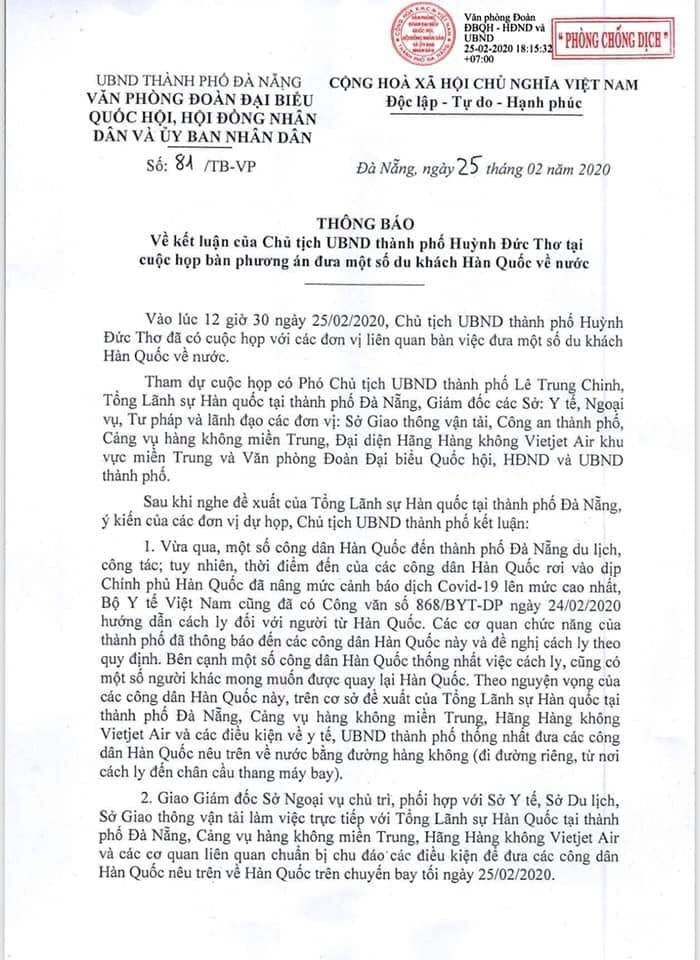 Nhóm du khách đến từ tâm dịch Hàn Quốc ở Đà Nẵng sẽ được đưa về nước