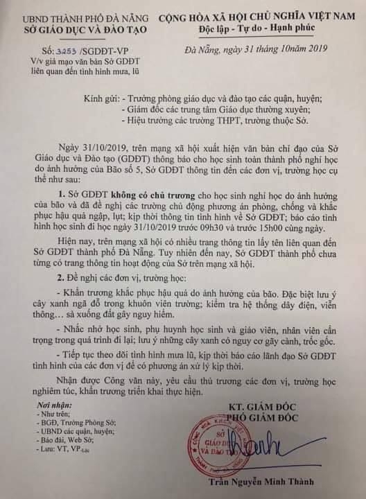 Xuất hiện công văn giả của Sở Giáo dục & Đào tạo cho học sinh nghỉ học sau bão số 5 xuat hien cong van gia cua so giao duc dao tao cho hoc sinh nghi hoc sau bao so 5