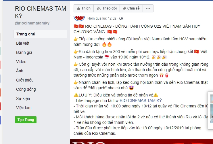 Rạp chiếu phim phát sóng miễn phí trận chung kết bóng đá nam SEA Games 2019