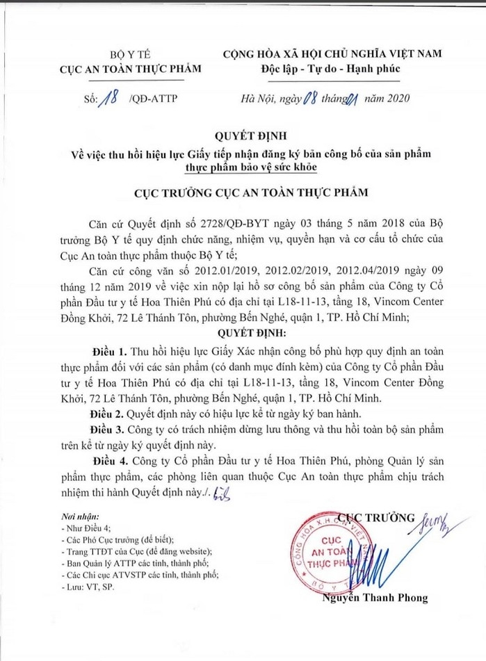 thu hoi va dinh chi luu hanh hang loat san pham cua cong ty dau tu y te hoa thien phu