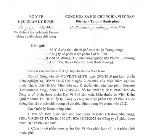 Cảnh báo 2 loại thuốc không đạt tiêu chuẩn chất lượng bị thu hồi