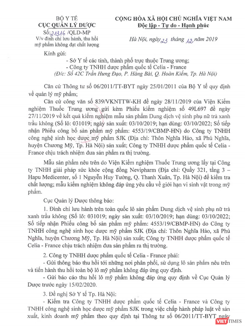 Thu hồi và đình chỉ lưu hành toàn quốc dung dịch vệ sinh phụ nữ trà xanh trầu không thu hoi va dinh chi luu hanh toan quoc dung dich ve sinh phu nu tra xanh trau khong