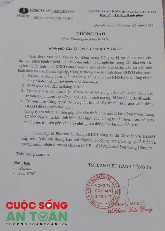 Công ty CP Ô tô 1-5 đã chốt phương án đóng BHXH cho người lao động Công ty CP Ô tô 1-5 đã chốt phương án đóng BHXH cho người lao động