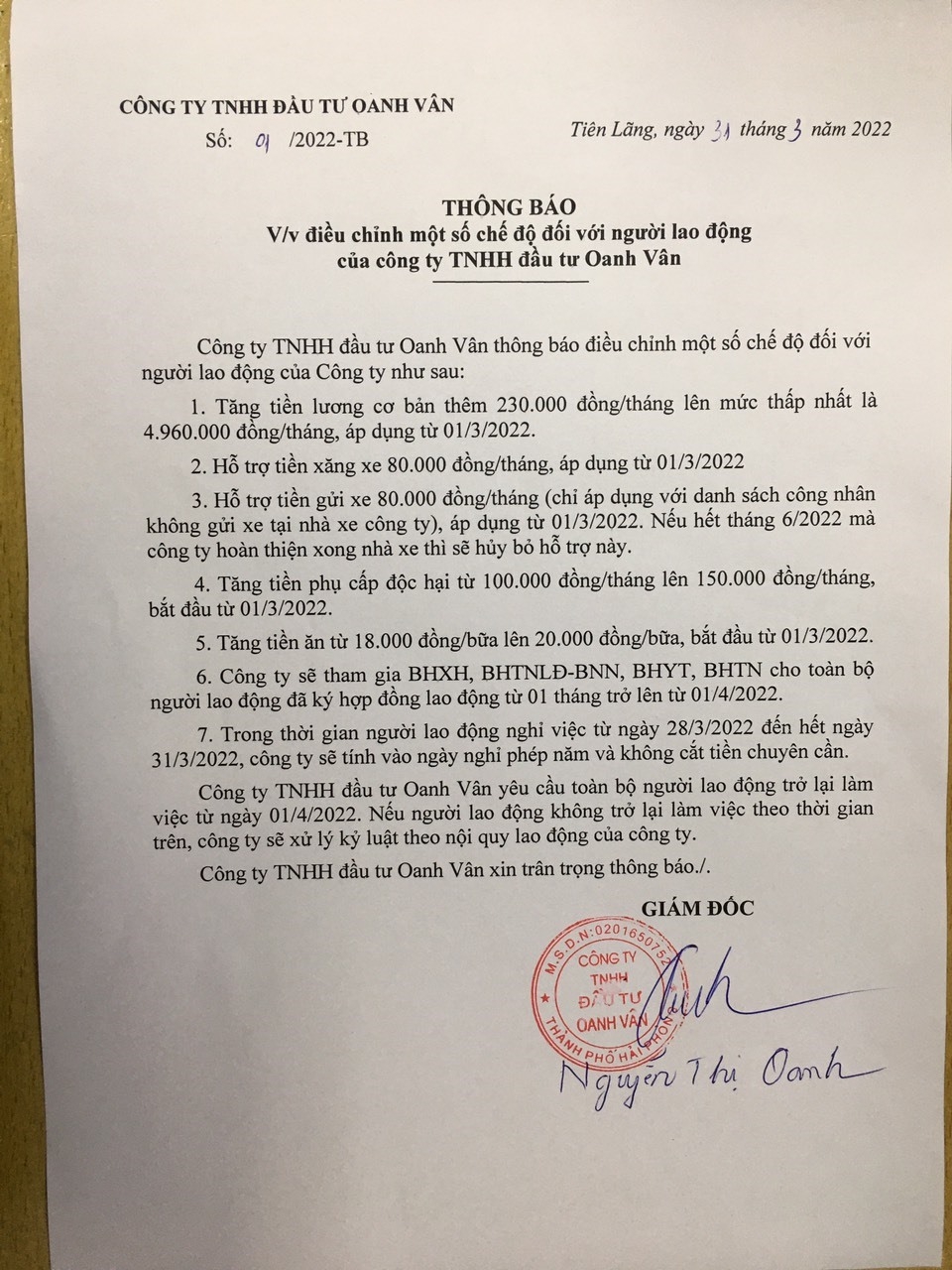 Vụ ngừng việc ở Hải Phòng: Công ty ra thông báo điều chỉnh chế độ cho công nhân