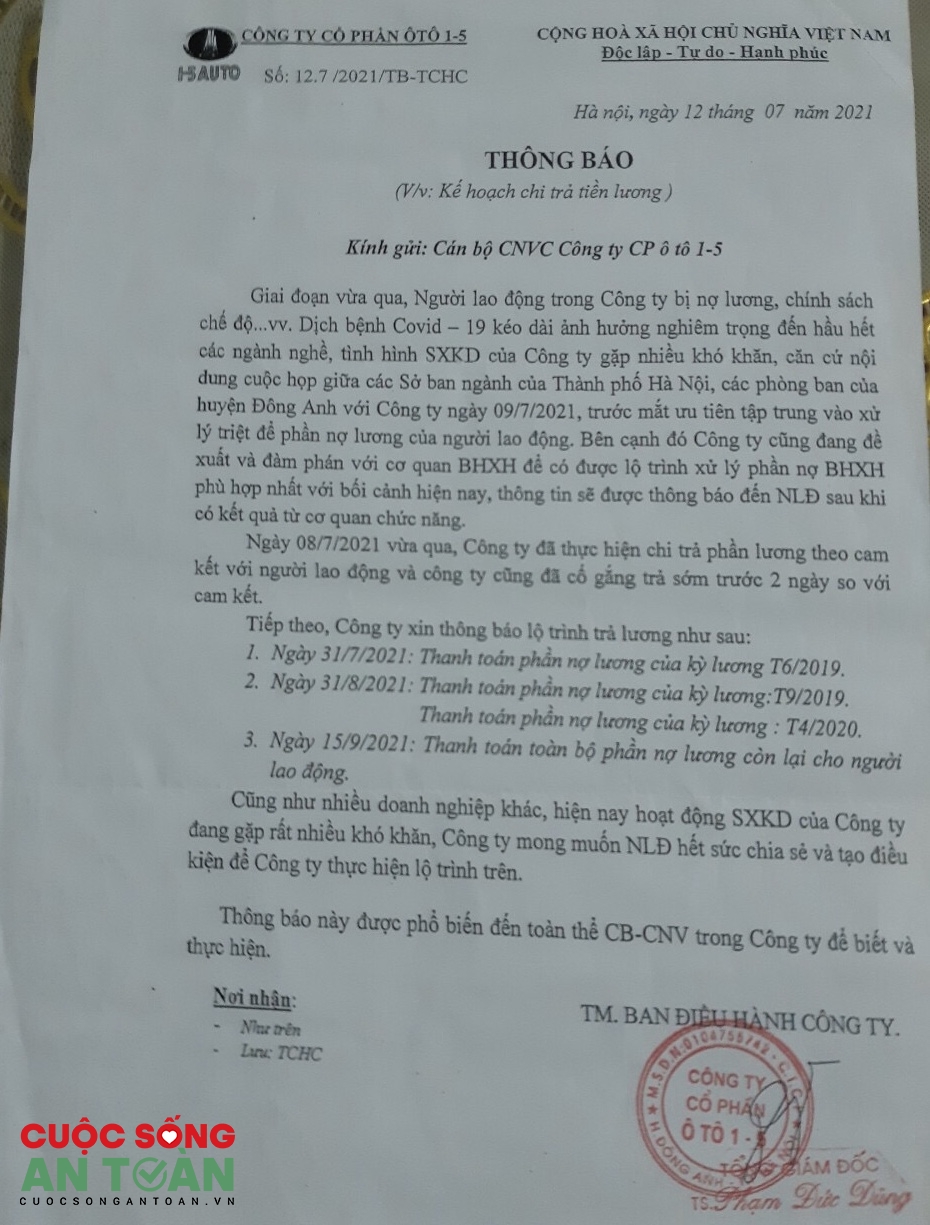 Công ty CP Ô tô 1-5 lại không thực hiện cam kết trả lương người lao động Công ty CP Ô tô 1-5 lại không thực hiện cam kết trả lương người lao động