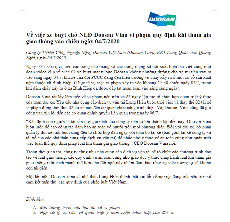 Công ty Doosan Việt Nam yêu cầu đơn vị cung cấp dịch vụ vận tải sa thải 2 tài xế cong ty doosan viet nam yeu cau don vi cung cap dich van tai sa thai 2 tai xe