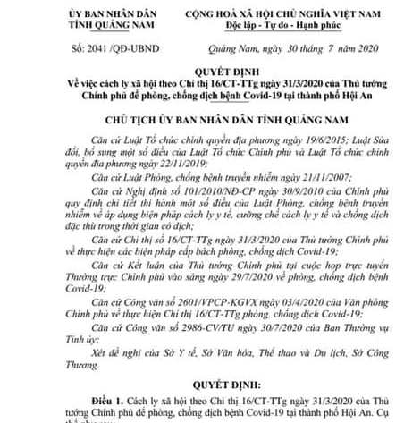 Hội An tiến hành giãn cách xã hội toàn thành phố hoi an tien hanh gian cach xa hoi toan thanh pho