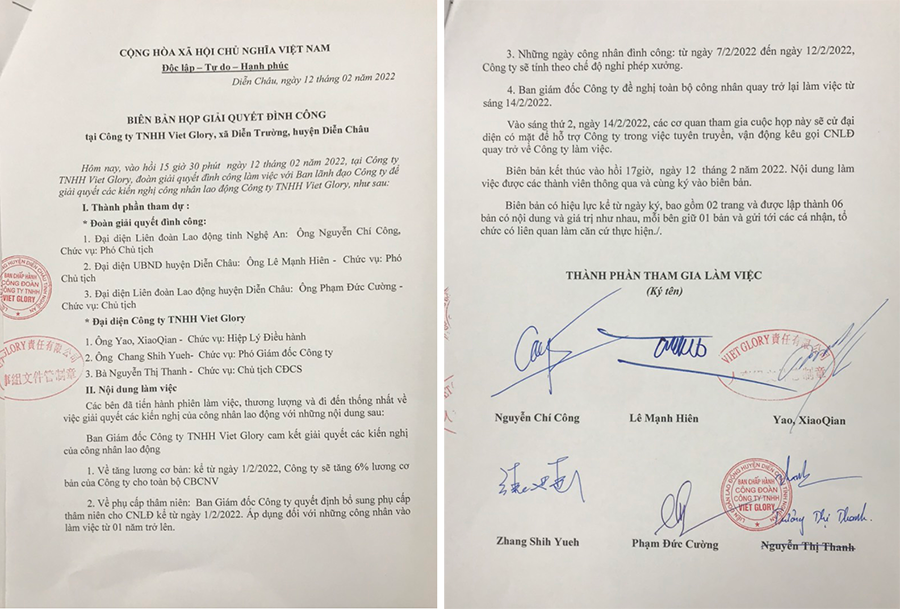 Công đoàn tích cực đàm phán, Công ty TNHH Viet Glory đồng ý tăng 6% lương cơ bản