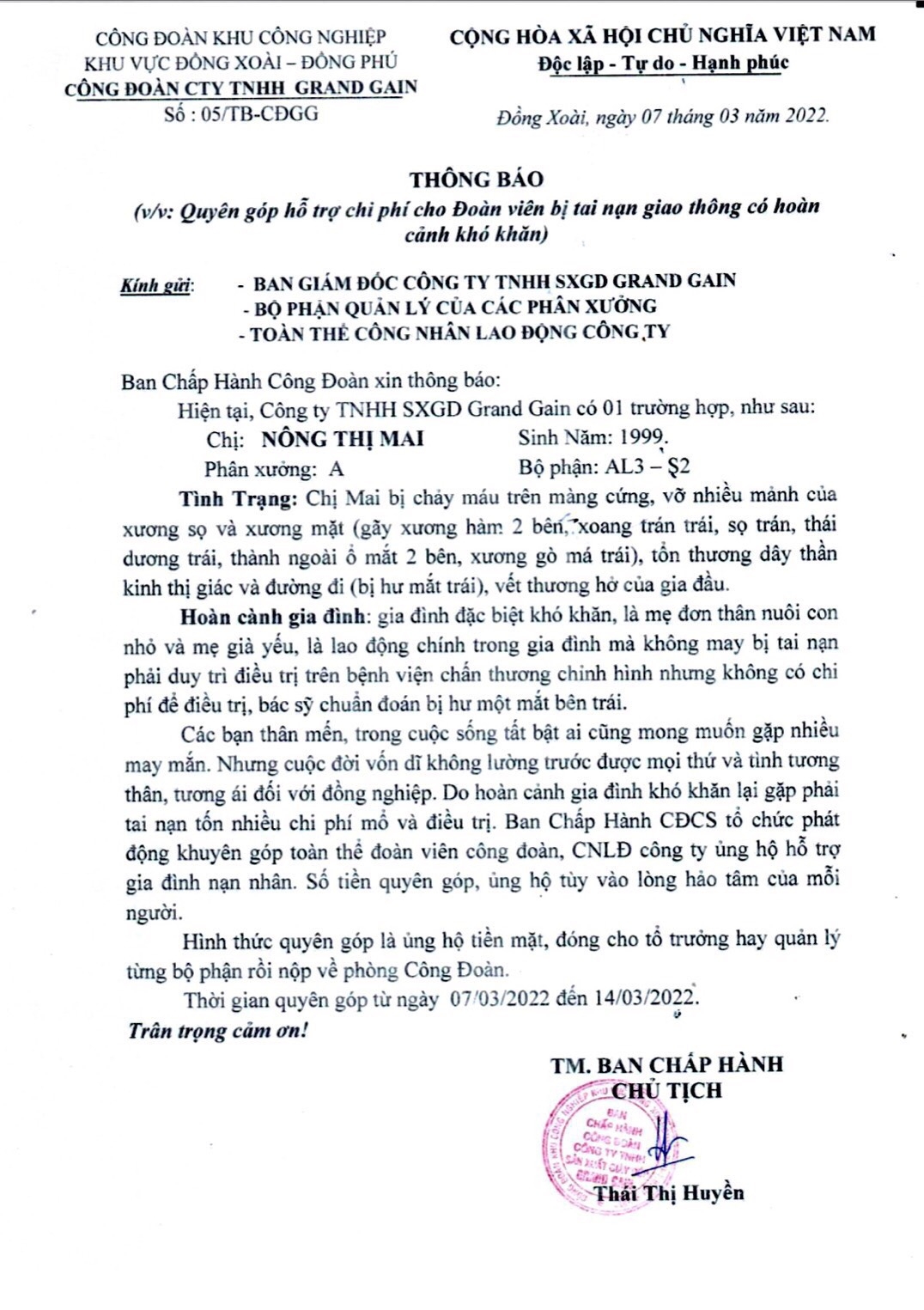 Công đoàn Công ty Grand Gain sẻ chia khó khăn với đoàn viên bị tai nạn giao thông Công đoàn Công ty Grand Gain sẻ chia khó khăn với đoàn viên bị tai nạn giao thông