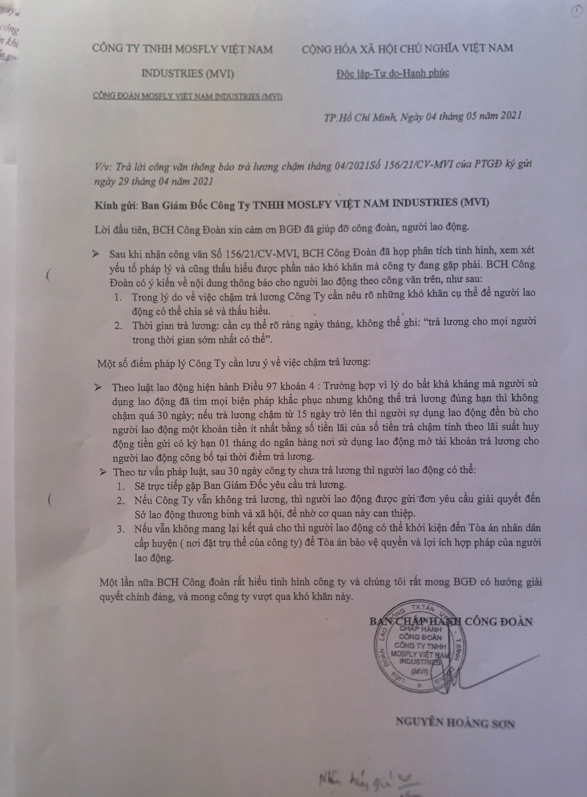 Công đoàn Công MVI đồng hành cùng người lao động bị nợ lương Công đoàn Công MVI đồng hành cùng người lao động bị nợ lương