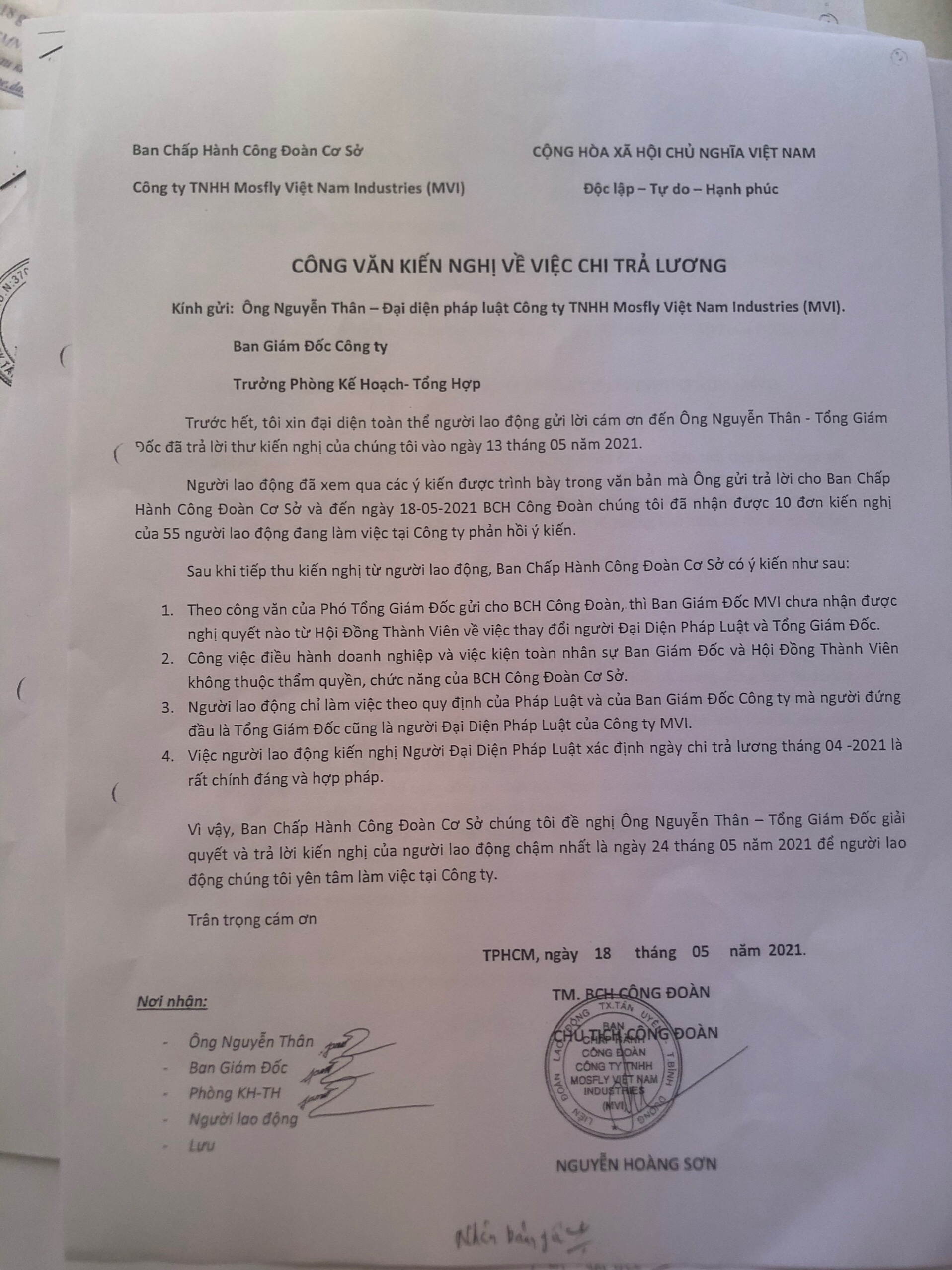 Công đoàn Công MVI đồng hành cùng người lao động bị nợ lương Công đoàn Công MVI đồng hành cùng người lao động bị nợ lương