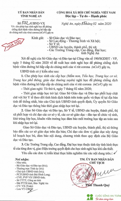 Nghệ An cho học sinh toàn tỉnh nghỉ học để phòng chống dịch bệnh do virus corona nghe an cho hoc sinh toan tinh nghi hoc de phong chong dich benh do virus corona