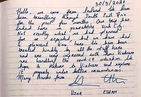 Hai du khách người Ireland và lá thư đầy xúc động trước khi rời khu cách ly hai du khach nguoi ireland va la thu day xuc dong truoc khi roi khu cach ly