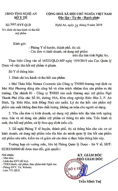 nghe an dinh chi luu hanh thu hoi my pham mai thao moc khong dat chat luong