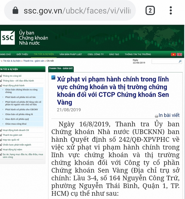 Công ty cổ phần Chứng khoán Sen Vàng bị xử phạt 185 triệu đồng cong ty co phan chung khoan sen vang bi xu phat 185 trieu dong