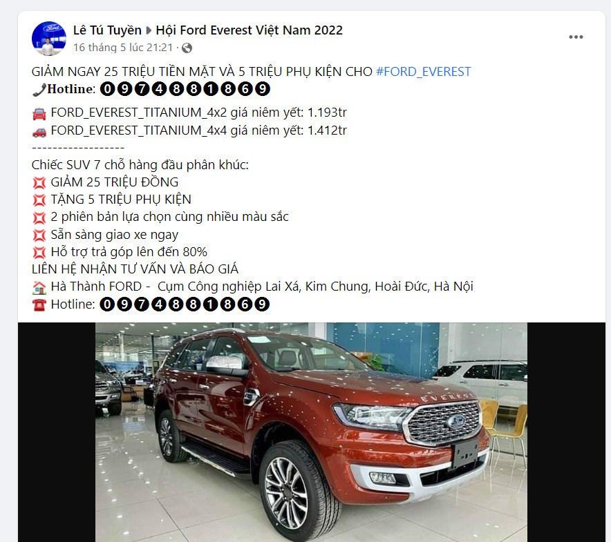 Khách hàng mua Ford Everest được ưu đãi tới hàng chục triệu đồng tại đại lý