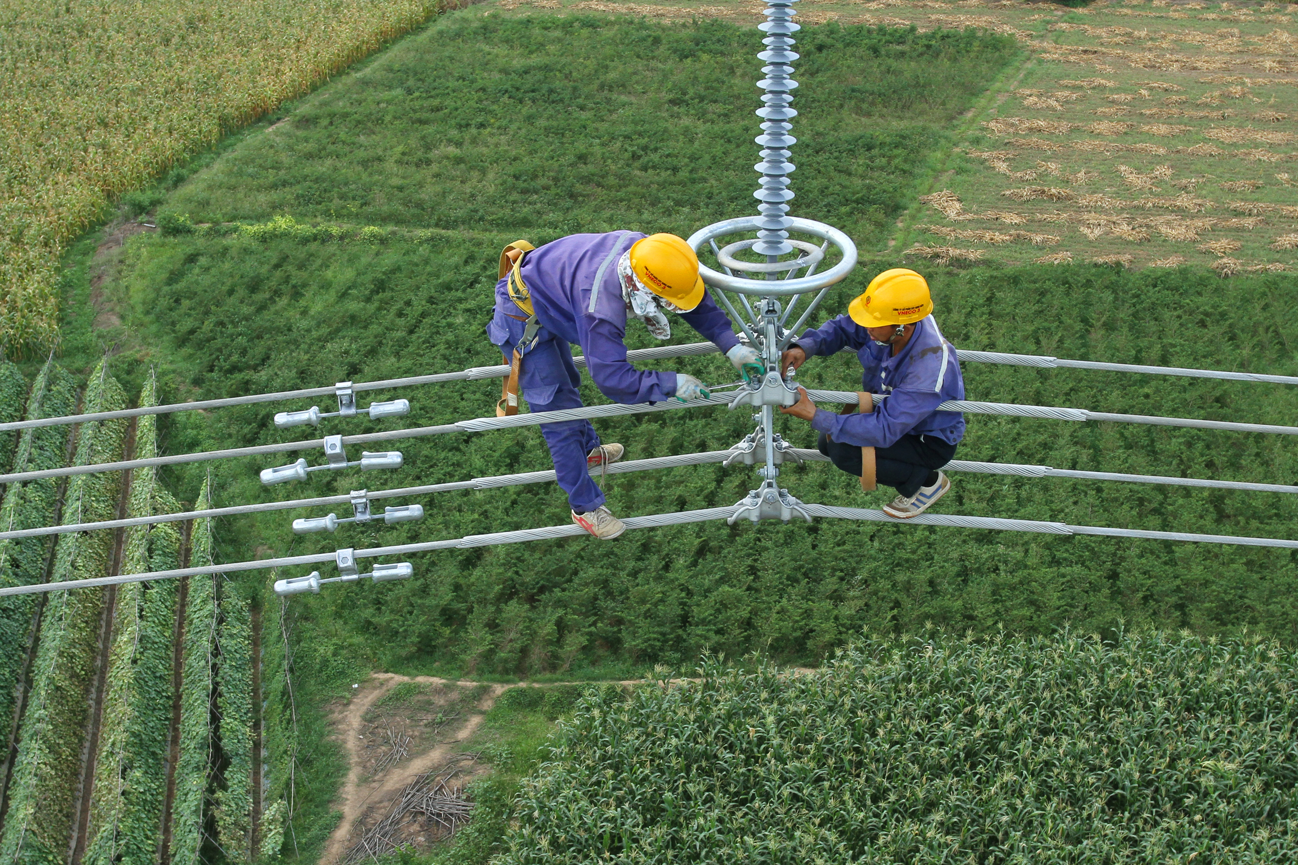 công nhân kỹ thuật đang khẩn trương kết nối nguồn điện mới 500KV